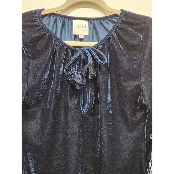 Misa Los Angeles Luca Midnight Blue Velvet Embroidered Sleeves Shift Dress, XS - Picture 5 of 13